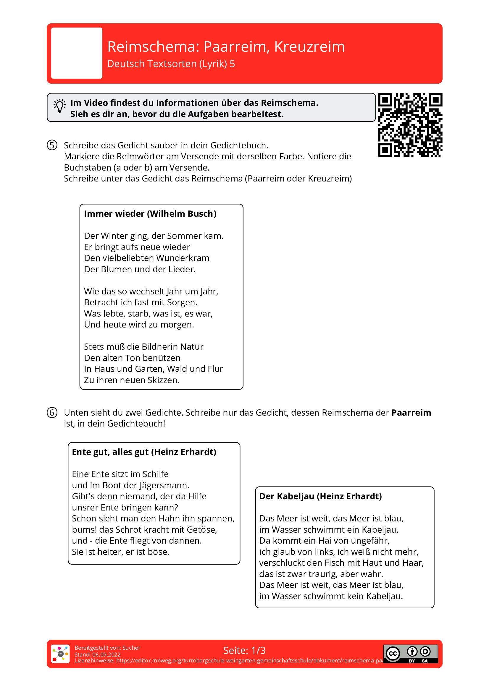 Arbeitsblatt - Reimschema: Paarreim, Kreuzreim - Deutsch - Textsorten ...