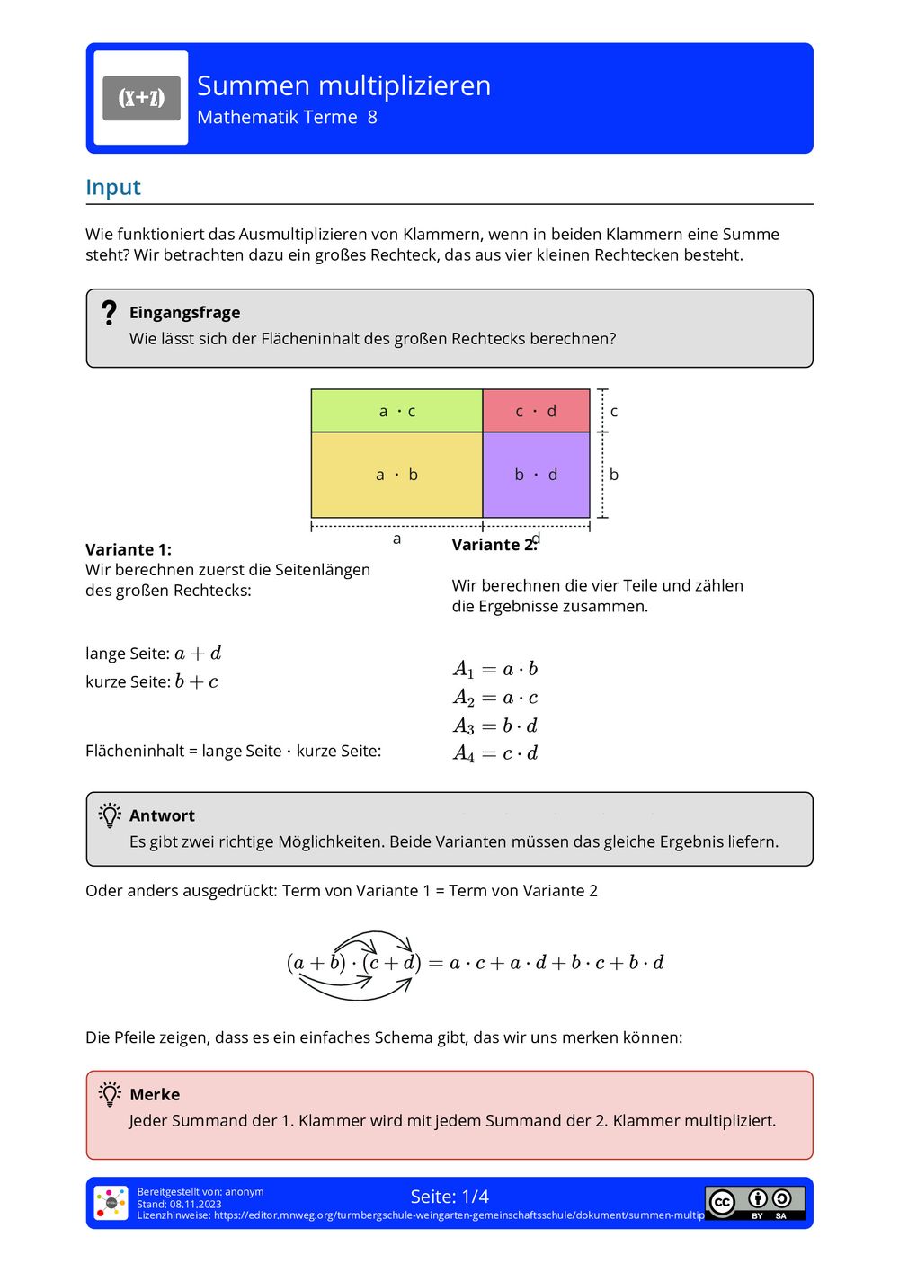 Arbeitsblatt - Summen multiplizieren - Mathematik - Terme - mnweg.org