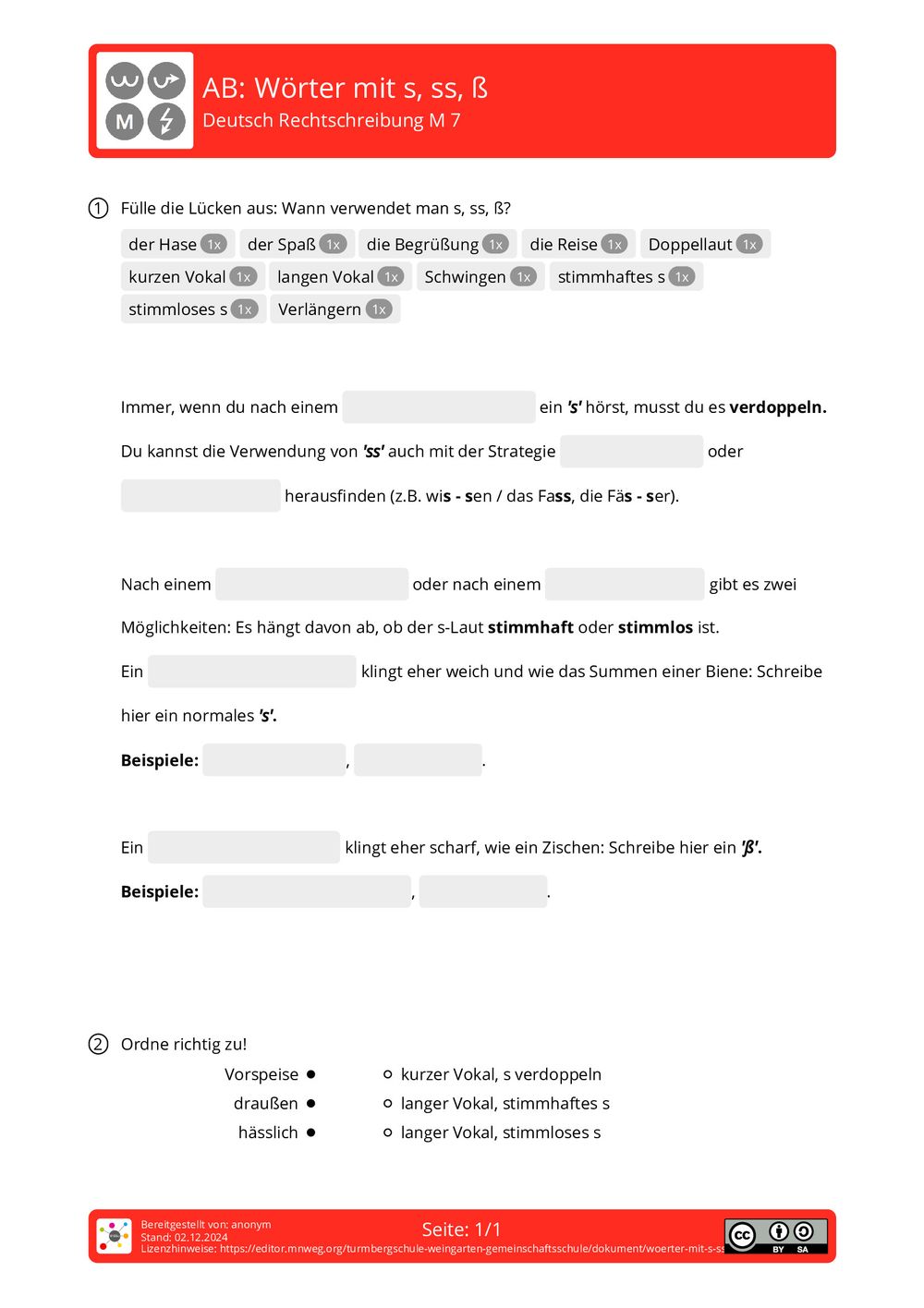 Arbeitsblatt Wörter mit s, ss, ß Deutsch Rechtschreibung Arbeitsblatt Wörter mit s, ss, ß Deutsch Rechtschreibung