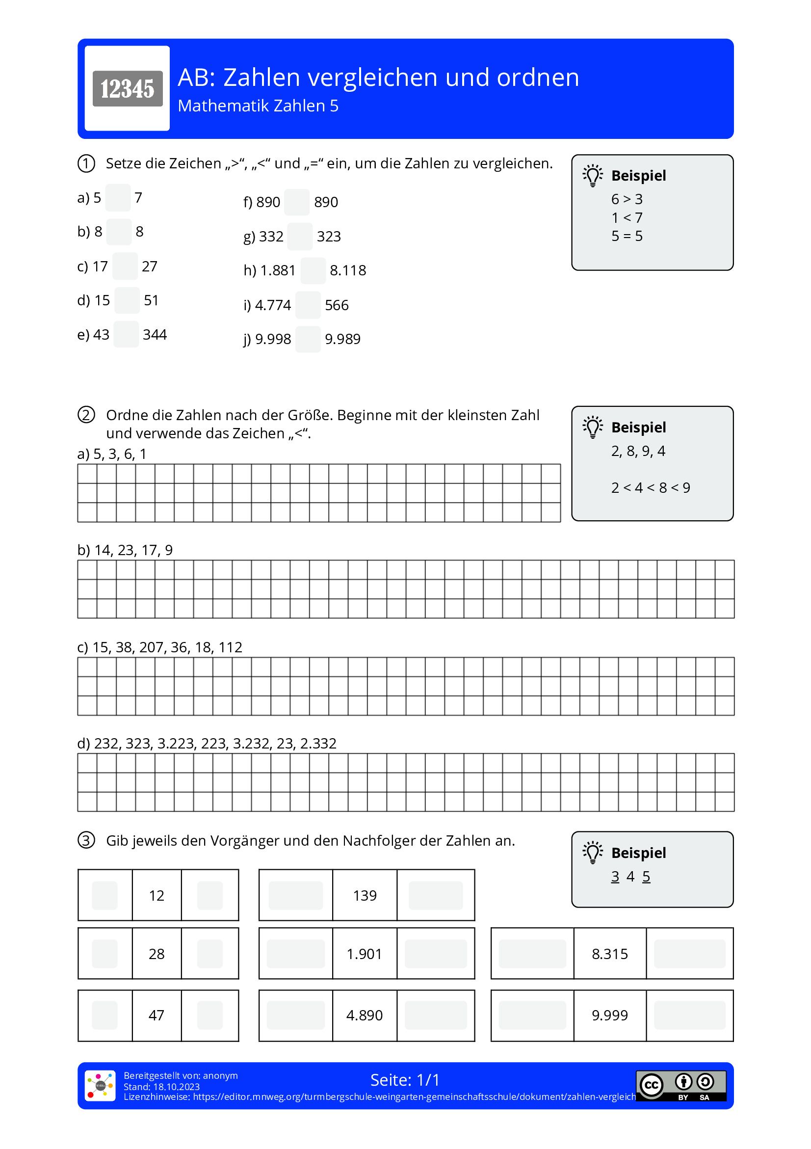 Arbeitsblatt - Zahlen Vergleichen Und Ordnen - Mathematik - Zahlen ...