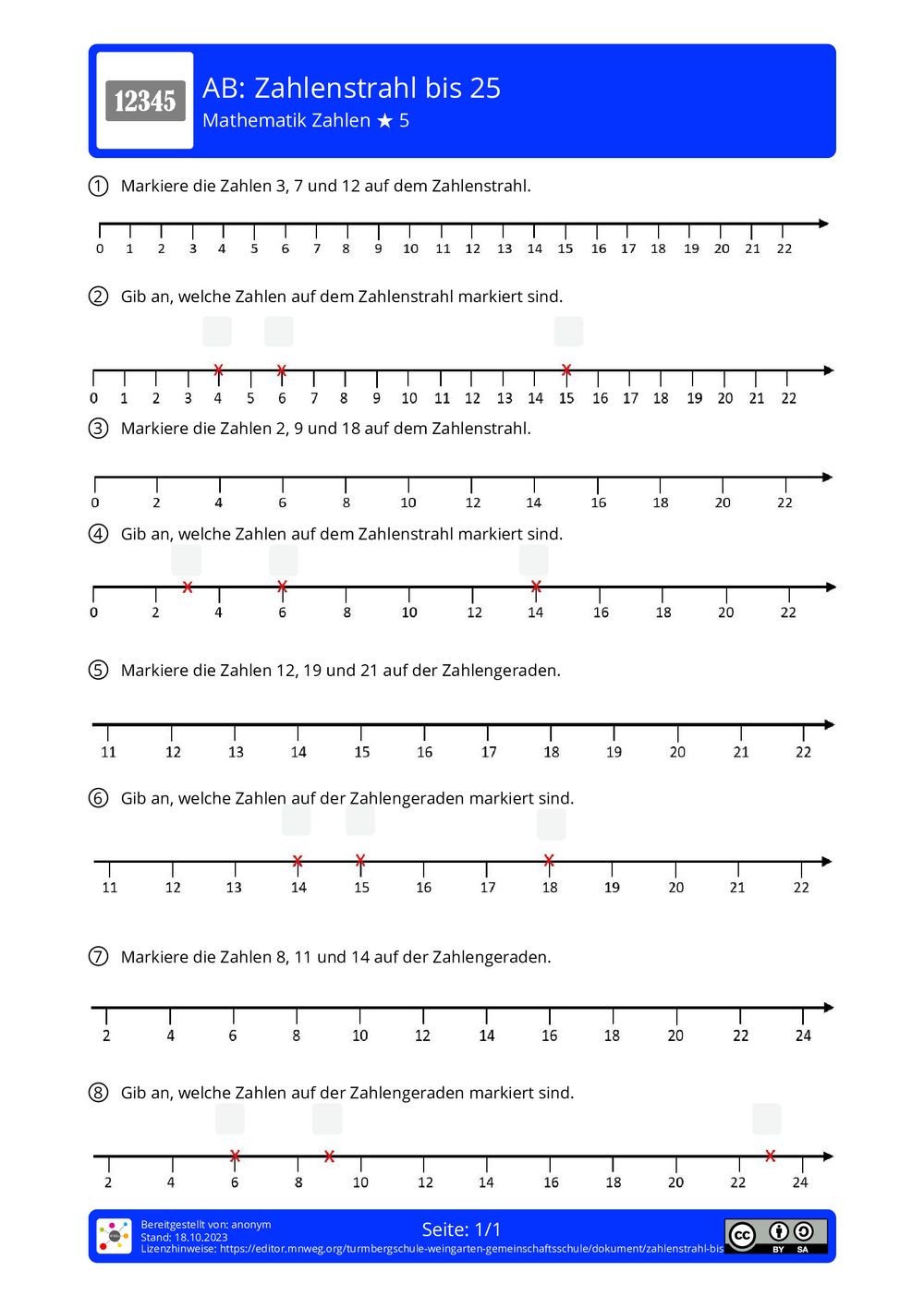 Arbeitsblatt - Zahlenstrahl bis 25 - Mathematik - Zahlen - mnweg.org