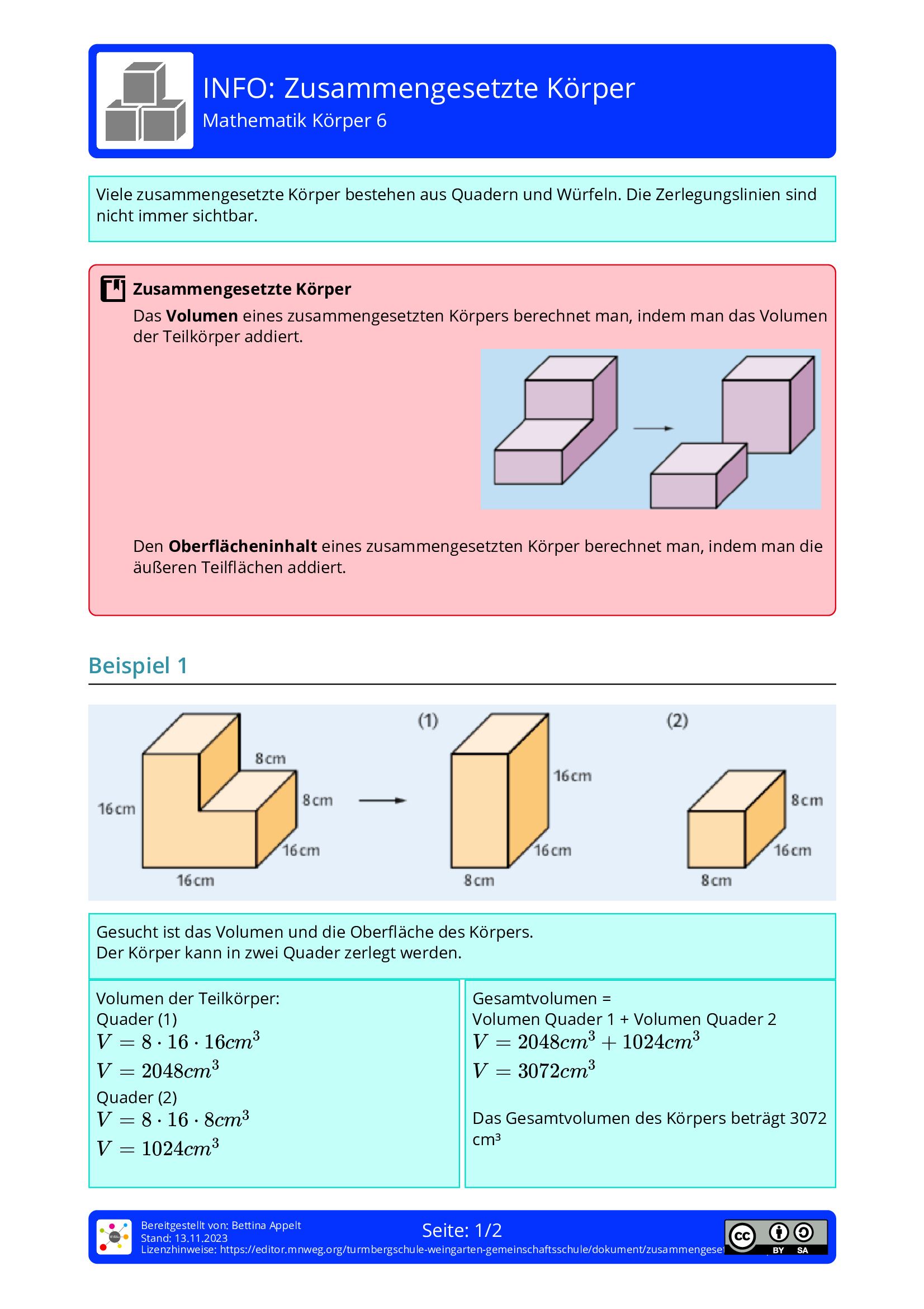 Arbeitsblatt - Zusammengesetzte Körper - Mathematik - Körper - Mnweg.org